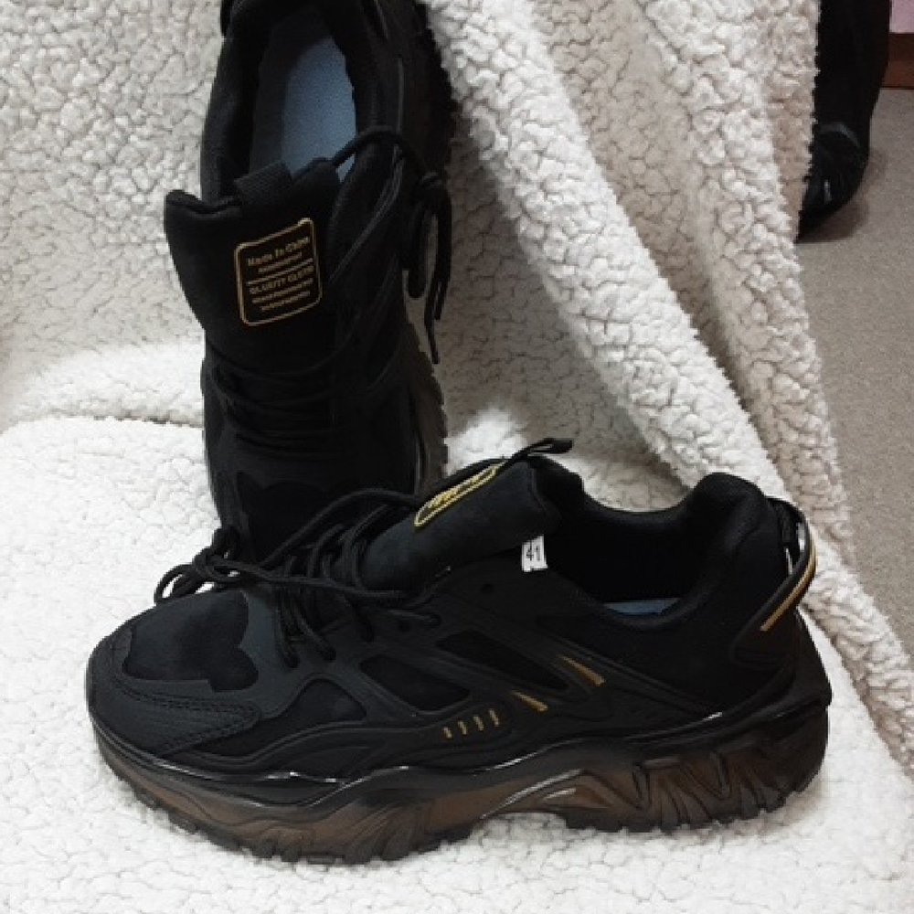 Women 's Black Athletic Chunky Sneakers with Gold Accents